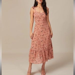 The Pink Floral Tie Shoulder Ruffle Hem Midi Dress